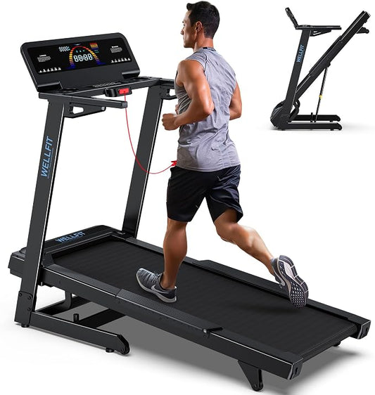 WELLFIT Treadmill with 15% Auto Incline, Foldable Heavy Duty Treadmill | 5.0HP, 10 MPH, 500 lbs Capacity, 20'' x 50'' Running Area Treadmills with Pulse Sensor, Bluetooth Player & Large LED Display