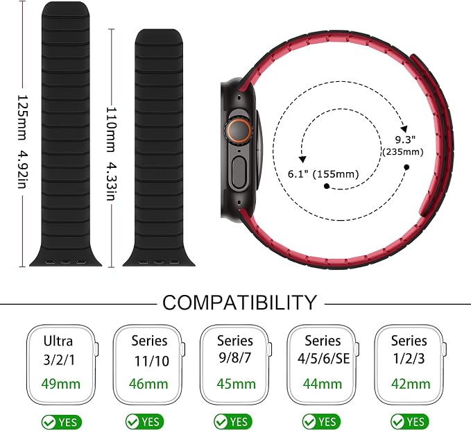 Tasikar Magnetic Bands Compatible with Apple Watch 49mm 46mm 45mm 44mm 42mm Soft Silicone Replacement Loop Wristband for iWatch Ultra 3 2 1 SE Series 11 10 9 8 7 6 5 4 3, Black-Red