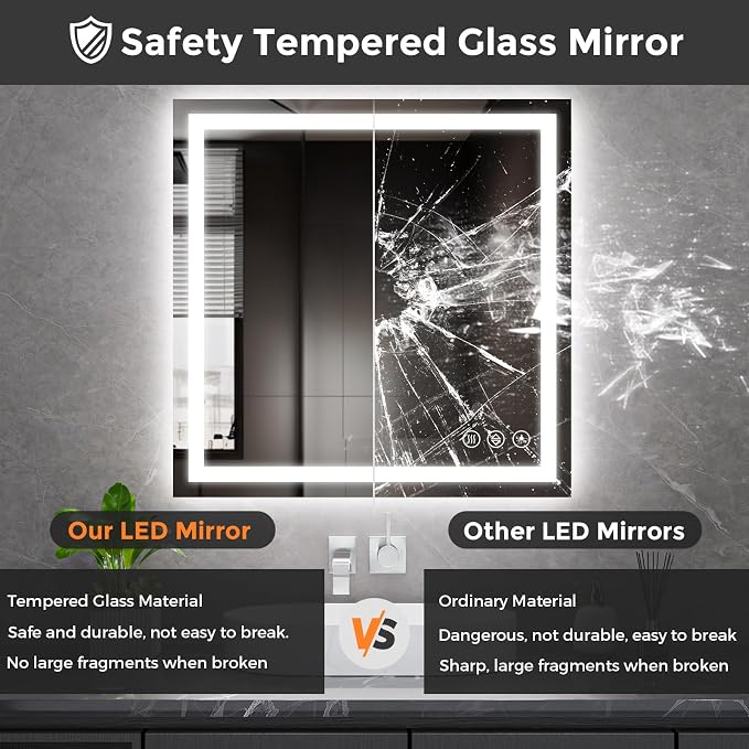 Koonmi 30x30 LED Bathroom Mirror with Light, Anti-Fog, 3 Colors | Backlit + Front Lit, Dimmable Brightness, Shatterproof HD Distortion-Free Tempered Glass, Hardware Included