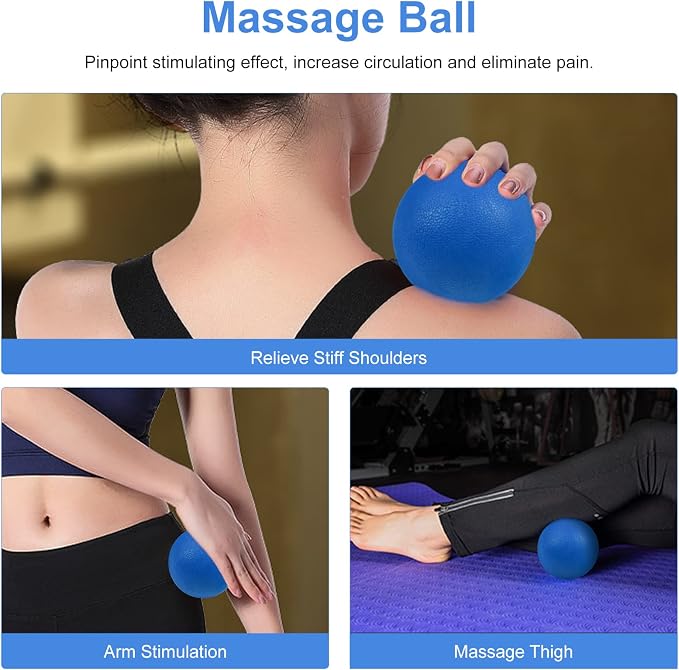 Aucuu 5 in 1 Foam Roller Set Includes Hollow Core Massage Roller, Yoga Stick, Massage Ball, Fitness Stretching Strap, Massage Roller, Carrying Bag, Towel (Blue)