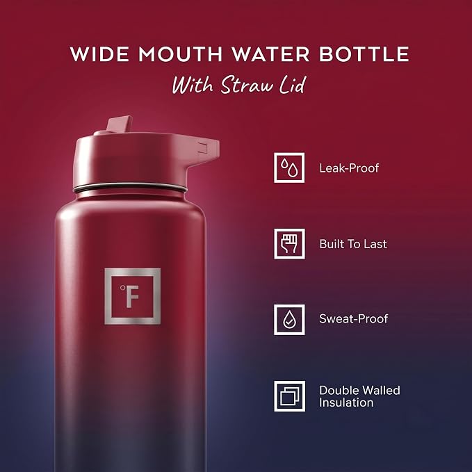 IRON °FLASK 40 oz Wide Mouth Water Bottle with Straw | Insulated Stainless Steel Sports Water Bottle with Leakproof Straw Lid - BPA Free, Cold 24 Hrs, Sweat Free (Dark Rainbow)