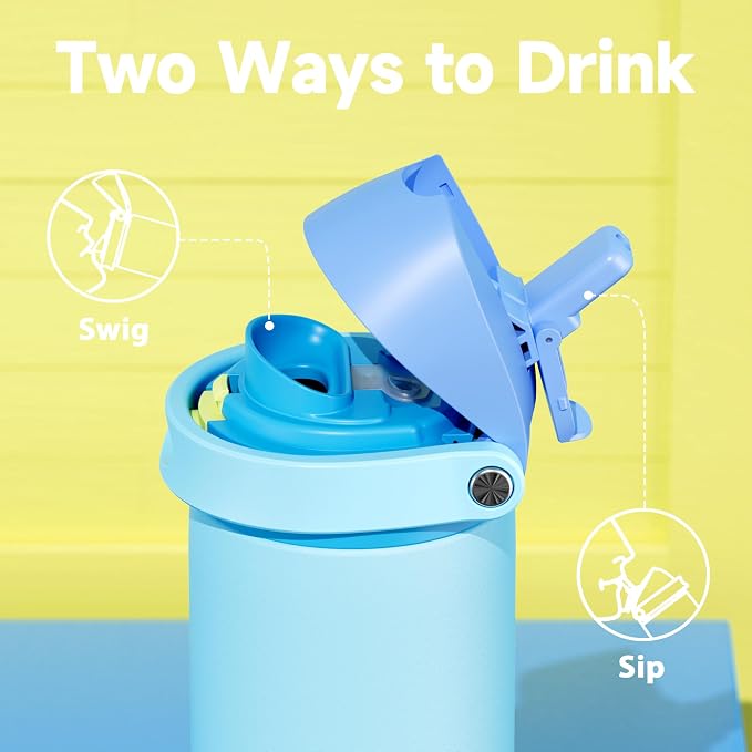 24 oz Insulated Water Bottle for Men: Meoky Stainless Steel Water Bottle with 2-in-1 Straw and Spout Lid - Leak Proof, Cold for 24 Hours, Fits in Car Cup Holder, BPA-Free for Sports Travel, Azure
