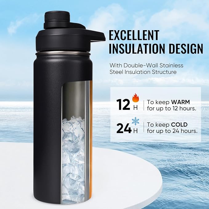 Fijinhom Insulated Water Bottle with Handle, 304 Stainless Steel Water Bottles with Wide Mouth, Double Wall Vacuum Sports Water Bottle, BPA Free, Keep Cold and Hot, 18 Ounces, Black