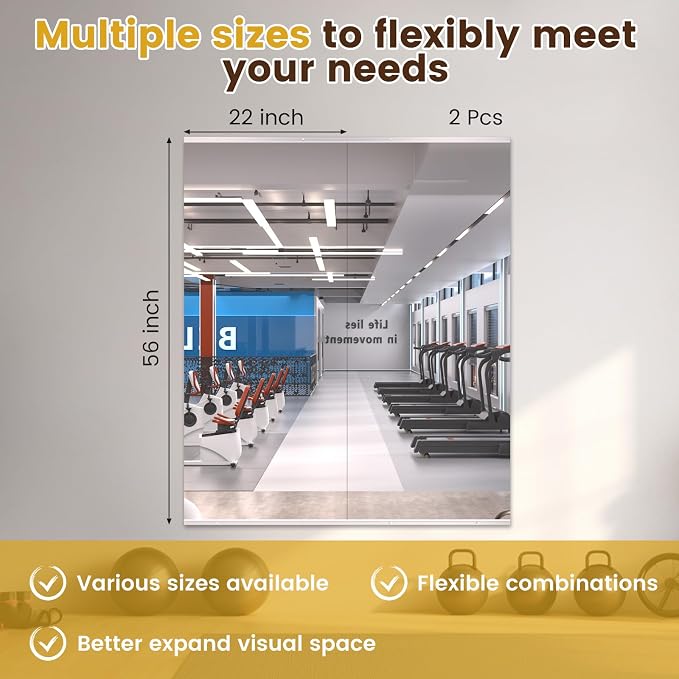 LOAAO Home Gym Mirror 56"x22", 2 PCS | Frameless, Tempered Glass, Large Workout Mirrors, For Home Gym, Dance Studio, Yoga Room, Garage Gym