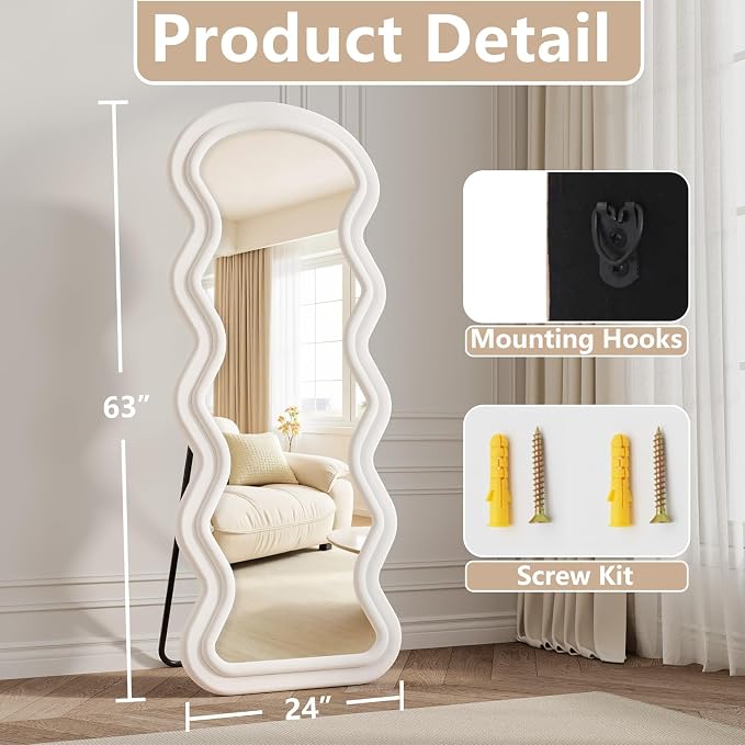 Full Length Mirror, 63"x24" Wavy Full Body Mirror Flannel | Full Body Mirror with Stand, Flannel Mirrror Bedroom and Living Room, Wall Mirror Hanging or Leaning, White