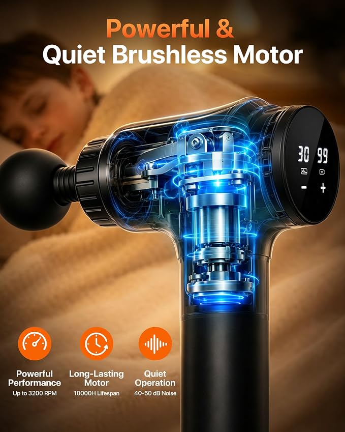 Massage Gun, 30 Speeds, 6 Heads, Quiet Deep Tissue Muscle Massager | Mini handheld percussion massager for back, neck, shoulders and body; ideal for athletes, workouts and muscle recovery.