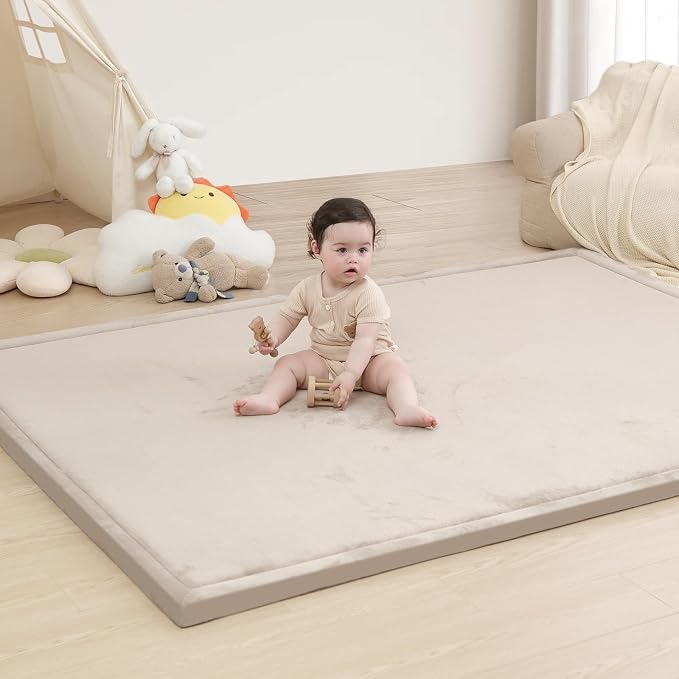 Ultra Soft Baby Play Mat for Floor, 1.3" Thick Elasti-Foam 65x50 Play Mat for Playpen,Water-Repellent Coral Velvet for Tummy Time, Non-Slip Backing,Safe for Toddlers & Infants（Beige）