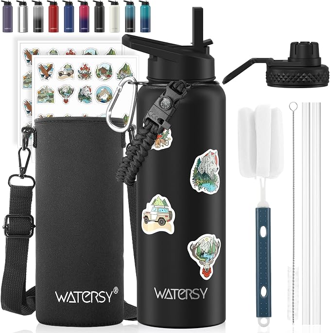 40oz Insulated Water Bottle (Cold for 48 Hrs),BPA Free&Leak Proof,Stainless Steel Water Flask,Water Jug with Straw Spout Lids for Gym,Hiking,Travel,Black