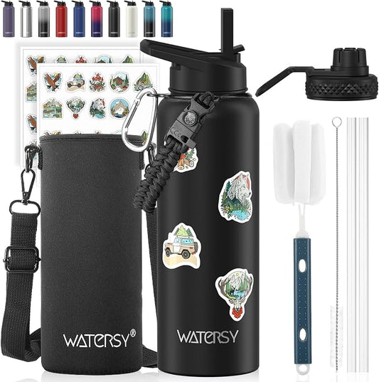 40oz Insulated Water Bottle (Cold for 48 Hrs),BPA Free&Leak Proof,Stainless Steel Water Flask,Water Jug with Straw Spout Lids for Gym,Hiking,Travel,Black
