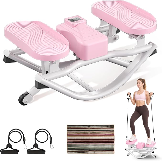 Rock Stepper for Home Exercise, Side-to-Side Mini Stepper with Bands, Low-Impact Cardio for Glutes Legs Core, Quiet LCD Fitness Machine