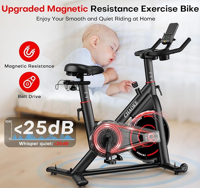 CHAOKE Exercise Bike, Quiet Adjustable Magnetic Stationary Bike for Home Cardio with App Compatible, 350LB Weight Capacity Indoor Cycling Bike with Comfortable Seat, Digital Display for Home Fitness