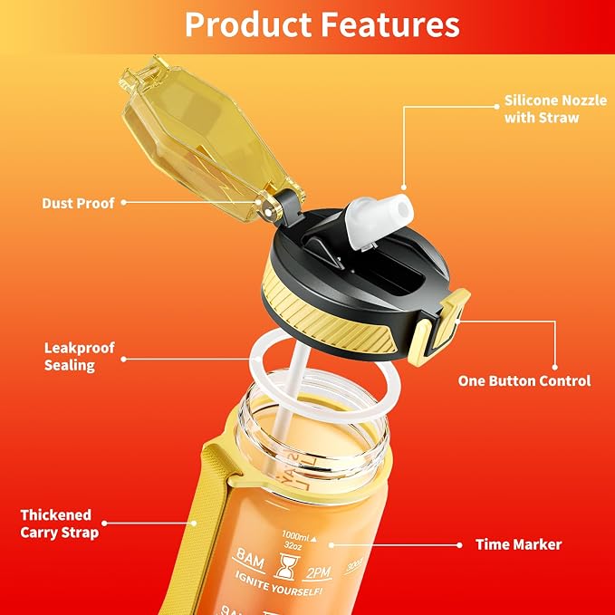 QLUR Water Bottle with Straw, 32oz Motivational Water Bottles with Time Marker to Drink, Tritan BPA Free, 1L Sports Water Bottle with Carry Strap LeakProof for Women Gym Fitness Outdoor (1 Pack)
