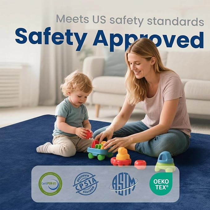 Baby Play Mat for Floor,1.3" Thick Foam 50"×50" Playpen Mat for Tummy Time,Non-Toxic Certified Water Repellent Soft Coral Velvet for Toddler,Infant,Kids,Non-Slip Backing Safe for Crawling (Dark Blue)