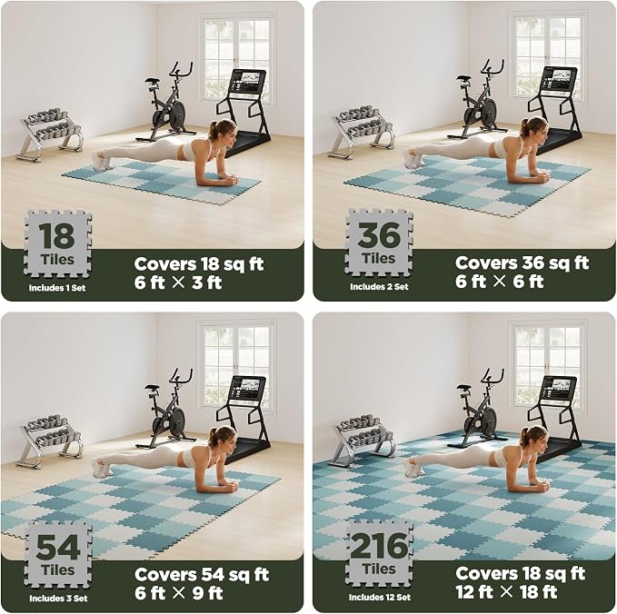 AIRHOP 18 PCS Gym Floor Mat, EVA Foam Puzzle Gym Mat, High-Density Interlocking Foam Floor Tiles for Home Gym, Play Workout Garage Kitchen Flooring 12.6"x12.6"x0.4"