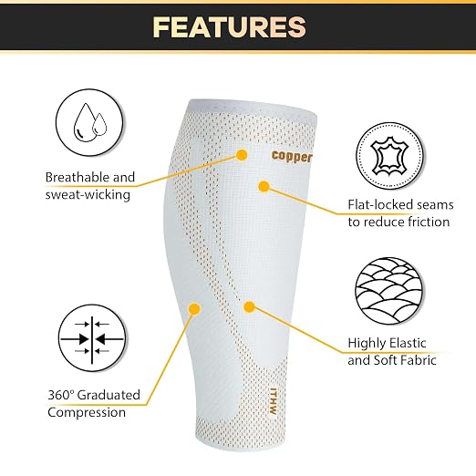Copper Calf Compression Sleeves for Men Women, Shin Splint Relief, Grip | High Stretch Graduated Compression with Anti-Slip Grip | Breathable & Smooth Lining Footless Design for Runner, Light Gray