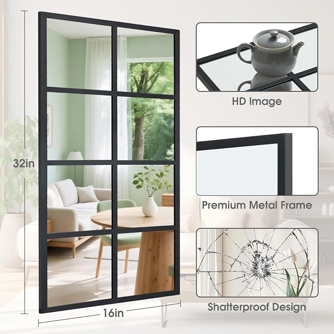 DUMOS Wall Mirrors 16" x 32", Set of 2 Rectangle Window Pane Decorative Mirrors, Black Metal Framed Wall Mounted Mirror for Bathroom, Bedroom, Entryway