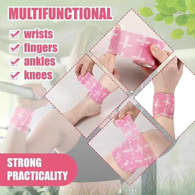 Geiserailie 12 Pack Christian Athletic Tapes 2 Inch x 5 Yards Self Adhesive Bandages Sports Wraps Breathable Elastic Wrap Non Woven Bandage for Wrist, Ankle, Baseball Football(Pink)