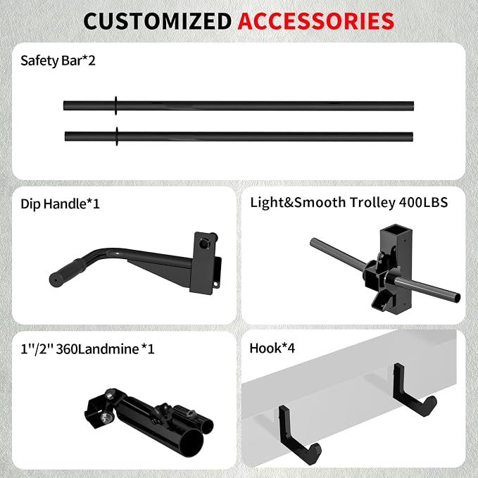 JEEKEE Power Rack with LAT Pulldown, 2000LBS Power Cage with Cable System, Multi-Function Squat Rack with J-Hooks, Safety Bars, Landmine, Pull Up Bar & Attachments for Home Gym Strength Training,Black