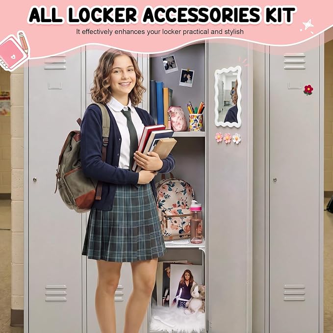 RattanView 10 Pcs Locker accessories Kit Magnetic Acrylic Mirror Plush Rug Small Comb 6 Flower Magnet Locker Organizer for Back to School Teen Student Girl Office Work Lockers Decoration Gift(White)