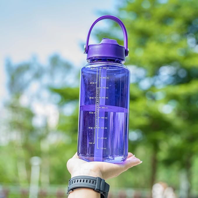 OLDLEY 32oz Water Bottle with Straw,Leakproof Tritan Clear Bottle with Marked Bottle and Carry Handle, BPA-Free Wide Mouth Reusable Sports Water Bottle for Gym,Hiking, Camping, Travel, Workout,Purple