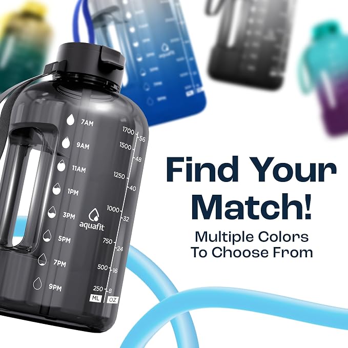 AQUAFIT Half Gallon Water Bottle with Time Marker | BPA Free Half Gallon Water Bottle with Straw and Chug Lids - Leakproof Gym Water Bottle with Carry Handle (Blue Skies)