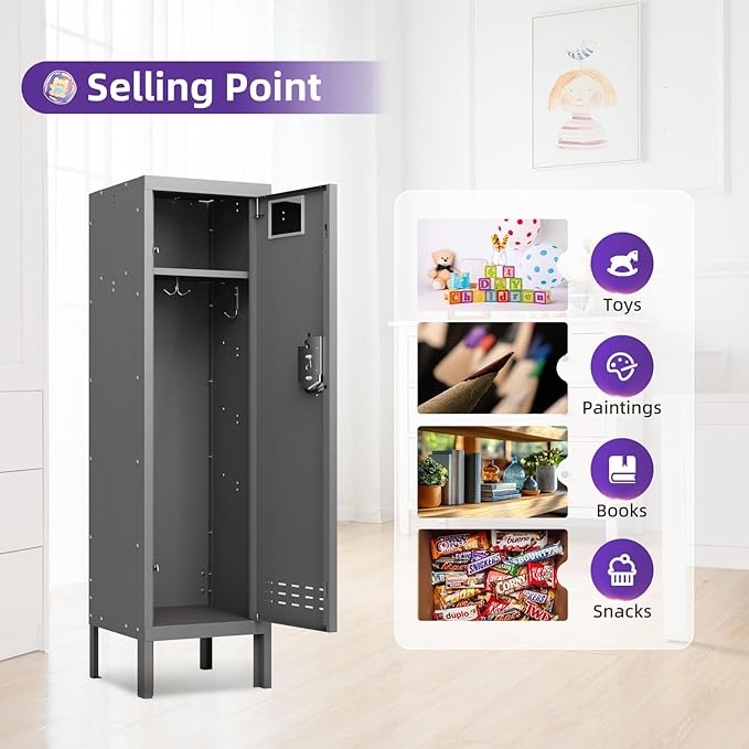 BUTISOW Metal Storage Locker with Lock & Card Slot Locker - Secure Lockable Door - Steel Locker for School, Office, Gym, Home - 54" H x 15" W x 15" D（1 Door, Grey）