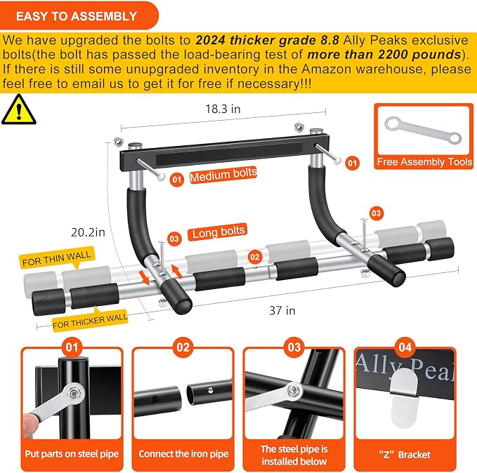 Ally Peaks Pull Up Bar for Doorway | Thickened Steel Max Limit 440 lbs Upper Body Fitness Workout Bar| Multi-Grip Strength for Doorway | Indoor Chin-Up Bar Fitness Trainer for Home Gym Portable