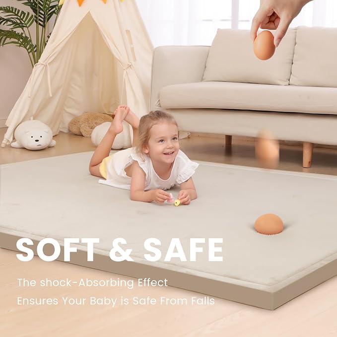 Huloo Sleep 2" Extra Thick Baby Play Mat for Floor,Ultra Soft Elasti Foam Mat for Tummy Time & Crawling,Playpen,Non Slip Nursery Rug for Toddlers,Infants,kids,Tatami Style for Yoga,Playroom(Beige)