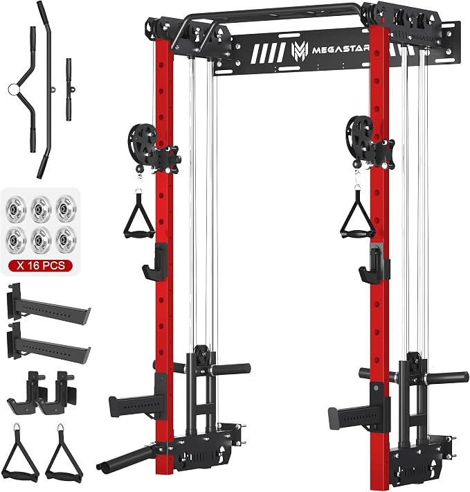 Power Cage, Squat Rack Home Gym, 2000LBs Capacity Wall Mounted Power Rack with Dual Crossover System, Includes 16 attachments for Home Gym