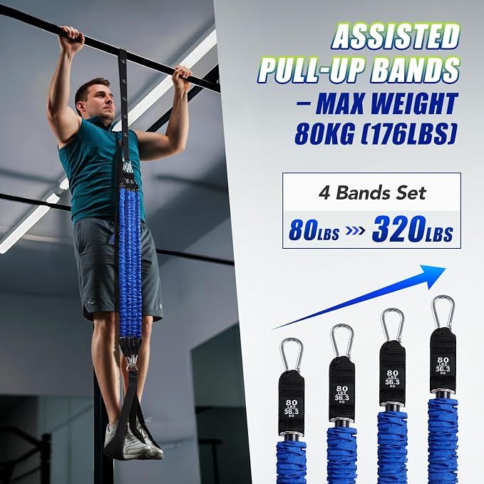 ALongSong Pull Up Assistance Bands with Foot Support Pedal - Upgraded Heavy Duty Resistance Bands Adjustable Weight/Height with 80Lbs Bands&Measured Strap for Strength Training Home Gym