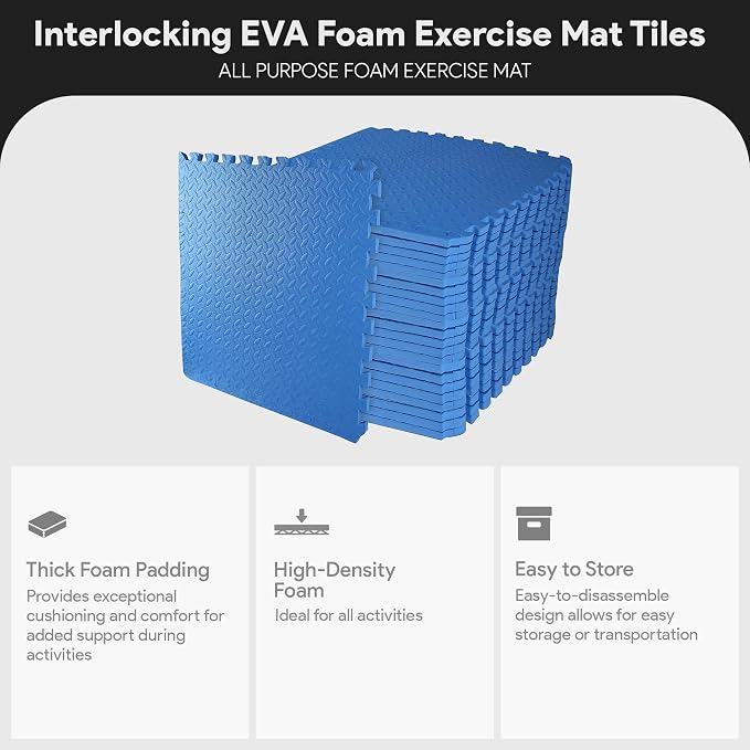 BalanceFrom Puzzle Exercise Mat with EVA Foam Interlocking Tiles (Blue) | Tiles for Home Gym, Mat for Home Workout Equipment, Floor Padding for Kids, Blue, 24 in x 24 in x 3/4 in, 96 Sq Ft - 24 Tiles
