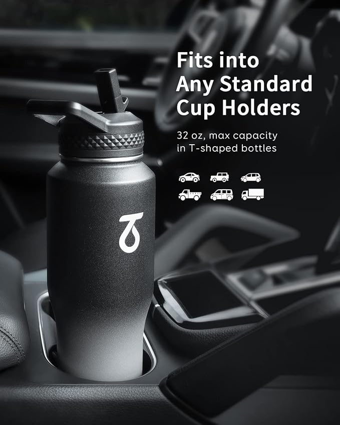 Trebo 32 oz Water Bottle Insulated Fits in Any Car Cup Holder with 2 Lids | Stainless Steel T-shape Tumbler with Paracord Handle, Triple Wall Vacuum Copper Plated, Cold 48 Hrs for Travel, Leakproof