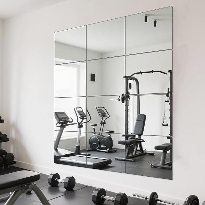 Full Length Wall Mirror Tiles, HD Glass Home Gym Mirror, 12Pcs 12"x10" Wall Mounted Mirrors for Home Gym, Dance Yoga Studio, Bedroom, Door