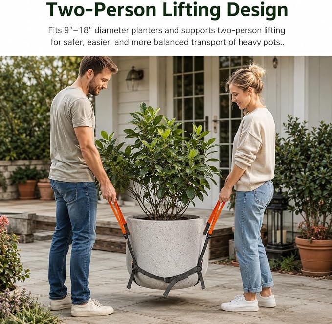 Plant Pot Moving Straps, Adjustable Garden Planter Lifting Strap for Heavy Flower Pots, Trees, Rocks and Landscaping Objects, 9-18 Inch Diameter, Two Person Carrying Harness, Gray Orange