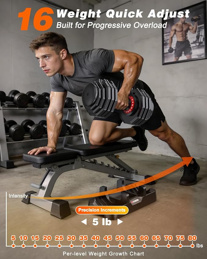 Rendpas Adjustable Dumbbell Set for Home Gym Strength Training | 25/55/80LB Pair, 10-in-1/16-in-1 Weight Set, 1-Sec Quick Adjust, Non-Slip Knurled Grip, Dual-Lock Safety, Space-Saving Tray