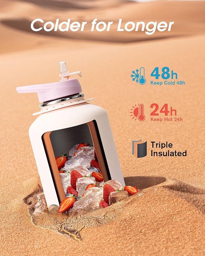 Coolflask Half Gallon Water Bottle Insulated Stainless Steel with Strap | 64 oz Large Water Jug with Straw & Spout Lids,Triple-Wall, Cold 48+h,Dishwasher Safe, Leakproof, BPA-Free,for Gym & Hiking