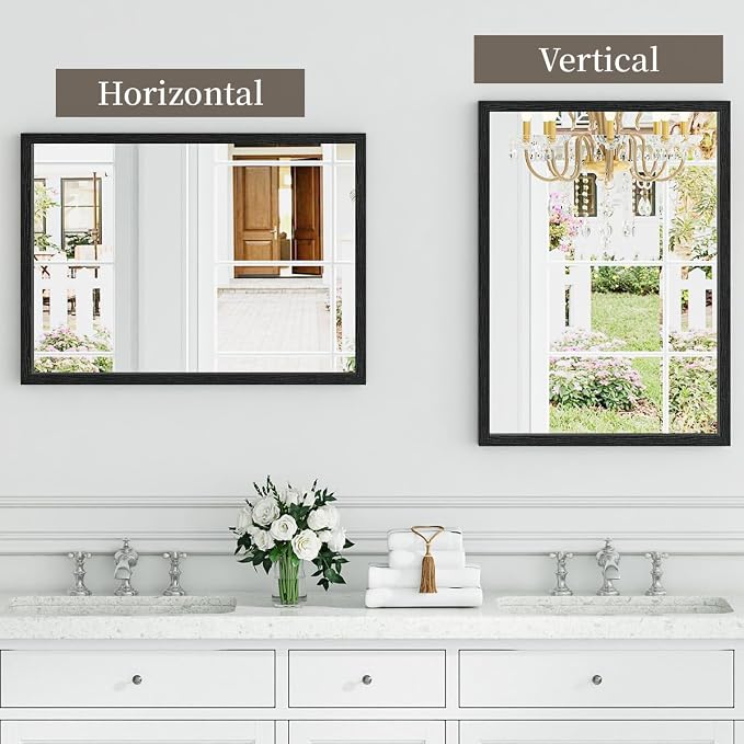 Syndra Black Wood Frame Bathroom Mirror, 22''x30'' Modern Vanity Mirror for Wall, Waterproof Slim Deep Frame, Rectangular HD Tempered Glass Mirror for Living Room, Bedroom, Entryway, Rustic, Farmhouse