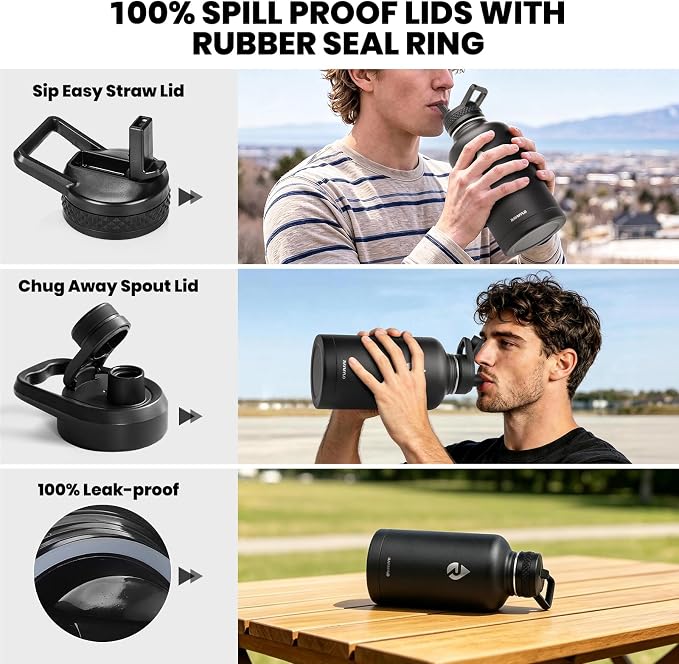 RAYMYLO Insulated Water Bottle 64 oz, Triple Wall Vacuum Stainless Steel (Cold for 48 Hrs), Leak Proof & Non-BPA, Half Gallon Water Flask Jug with Paracord Handle & Straw Spout Lids, Magic Black | (Cold for 48 Hrs), Leak Proof & Non-BPA, Half Gallon Wa...