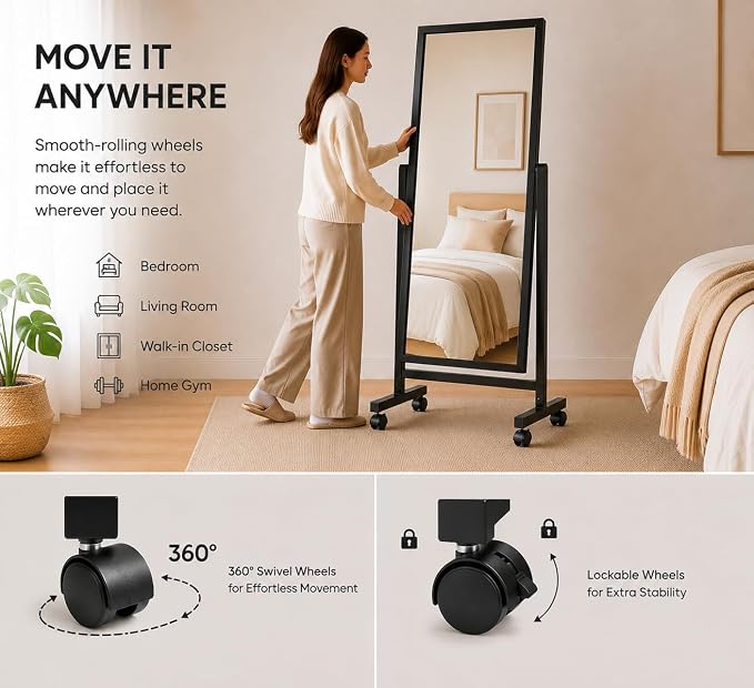 Swivel Adjustable Full Length Mirror on Wheels, 65"x22" Mobile Wood Frame Cheval Bedroom Free Standing Floor Mirror with Stand, Tiltable, Easy to Move (Black-65 x22)