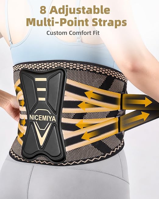 Copper Infused Back Brace for Lower Back Pain Relief, Men & Women | Breathable Adjustable Lumbar Support Belt with 6 Reinforced Stays and Lumbar Pad for Herniated disc, Sciatica