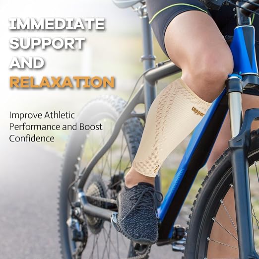 Copper Calf Compression Sleeves for Men Women, Shin Splint Relief, Grip | High Stretch Graduated Compression with Anti-Slip Grip | Breathable & Smooth Lining Footless Design for Runner Nude