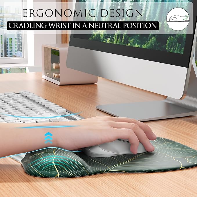 MROCO Ergonomic Mouse Pad with Gel Wrist Rest, 9.4 x 8.1 in, Green Leaves | Ergonomic Shape Design, Multiple Pattern Options, Gel Wrist Comfort, Smooth Lycra Surface, Non-Slip PU Base