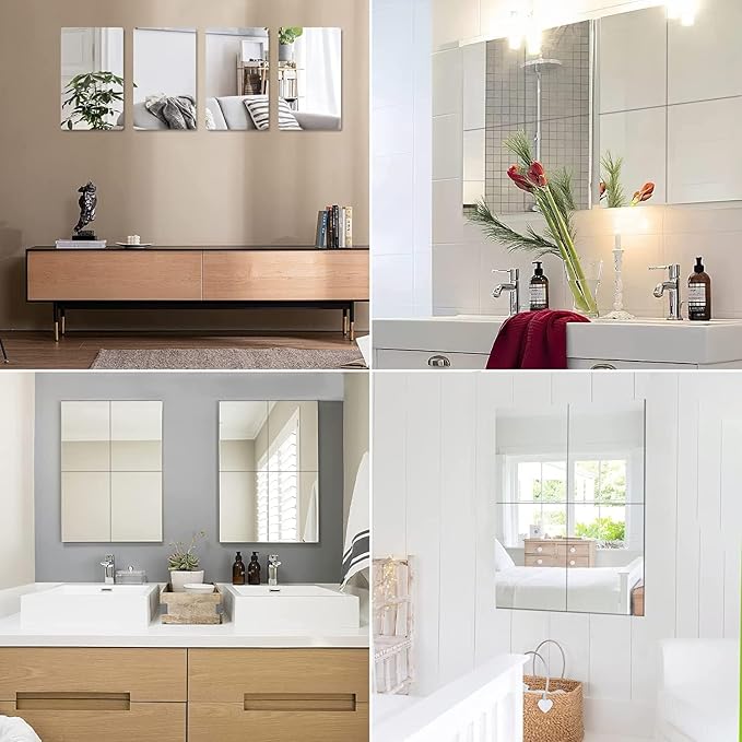 JUNEBRUSHS 4 Pack Self Adhesive Acrylic Mirror, 8 x 8 Inch Mirror Tiles | Flexible Plastic Mirror Sheets Wall Stickers, 2MM Thick Mirrors
