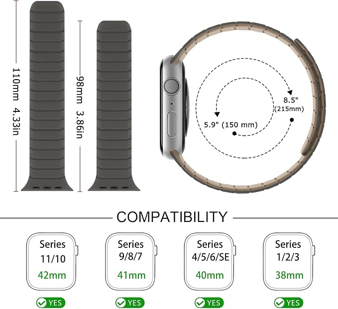 Tasikar Magnetic Bands Compatible with Apple Watch 42mm(Series 11/Series 10) 41mm 40mm 38mm Soft Silicone Replacement Loop Wristband for iWatch SE Series 11 10 9 8 7 6 5 4 3, Grey-Coffee