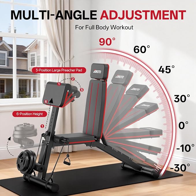 JOROTO Adjustable Weight Bench for Home Gym, 1000 LBS Capacity, Foldable Incline Decline Flat Workout Bench with Leg Extension & Back Extension, Exercise Preacher Curl Bench for Full Body Training