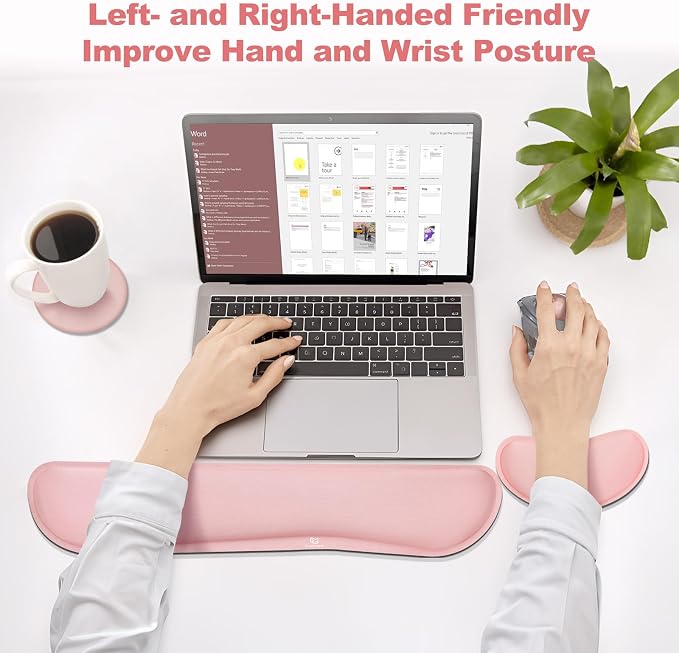 Gimars Upgrade Cleanable PU Leather Keyboard Wrist Pillow Rest Pad, Enlarge Mouse Wrist Cushion Support for Office, Computer, Laptop, Mac, Durable, Comfortable, Pain Relief, Pink