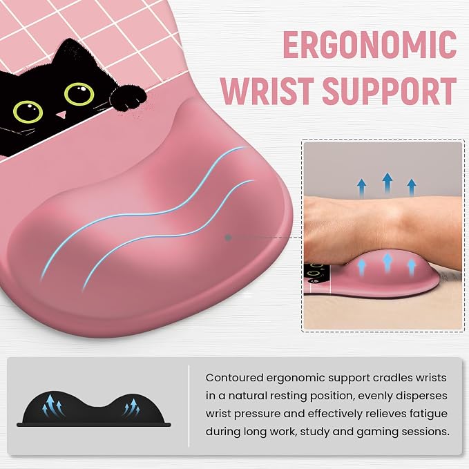 Ergonomic Mouse Pad with Wrist Rest, Gel Wrist Support, Pink Cat | 10.2 x 7.6 in Mouse Pad with Smooth Fabric Surface and Non-Slip Rubber Base for Office, Home, Study, and Gaming