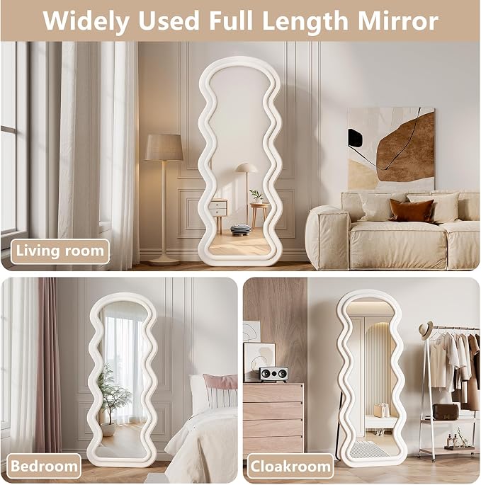 Full Length Mirror, 71"x32" Wavy Full Body Mirror Flannel | Full Body Mirror with Stand, Flannel Floor Mirrror Bedroom and Living Room, Wall Mirror Hanging or Leaning, White