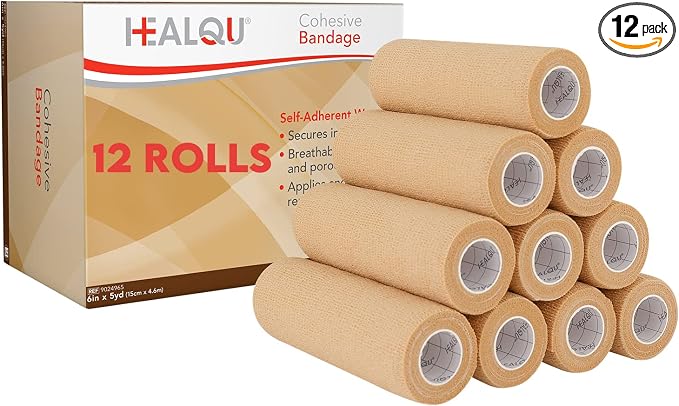 HEALQU Self Adhesive Bandage Wrap – Cohesive Tape for Athletic & Sports - 6” x 5 Yards Self Adherent Medical Tape, Flexible, Waterproof Elastic Bandages for Wrist & Ankle Vet Wrap for Dogs (12 Rolls)