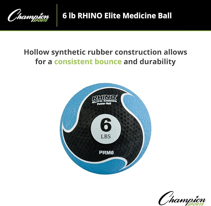 Champion Sports Rhino Elite Medicine Ball – Textured Surface, Superior Grip, Hollow Synthetic Rubber for Consistent Bounce & Durability, Multiple Weights & Colors - Optional Rebounder Sold Separately